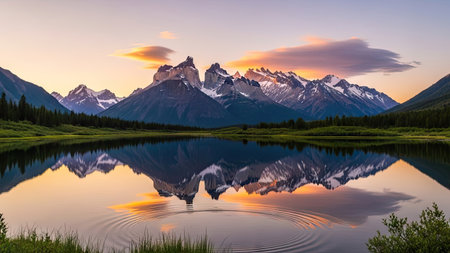 Mountains reflected in the lake at sunrise, Jasper National Park, Alberta, Canadaの素材