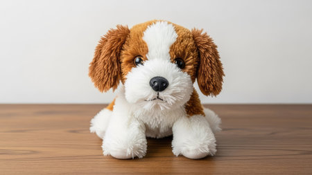 Cute dog sitting on the wooden floor with white wall background.の素材