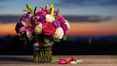 Bouquet of flowers in vase on wooden table with sunset backgroundの素材