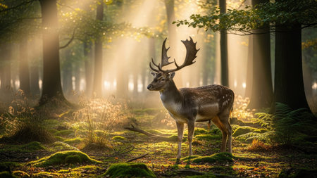 Fallow deer stag in autumn forest with sunbeams and fogの素材