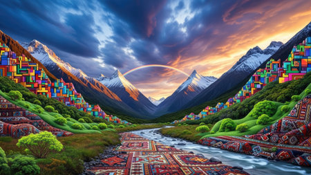 Beautiful fantasy landscape with mountains and river. 3d illustration.の素材