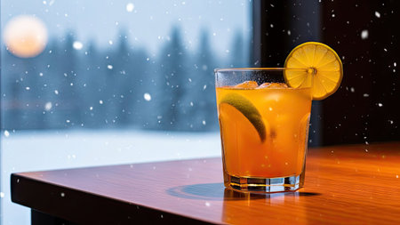 Cocktail with lemon and ice on the background of the windowの素材