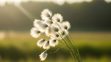 Beautiful fluffy grass in the meadow at sunset. Soft focus.の素材
