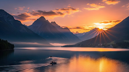 Mountain lake at sunrise, Switzerland, Europe. Beautiful summer landscape.の素材
