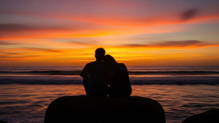 Silhouette of a loving couple sitting on the beach at sunsetの素材
