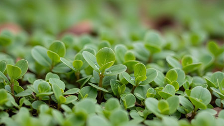 Close-up of green seedlings with water drops on the leaves.の素材
