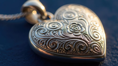 Silver heart-shaped pendant on a blue background close-upの素材