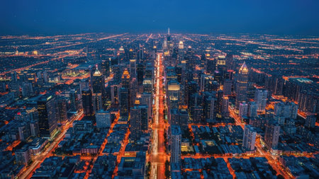 Aerial view of Chicago downtown skyline at night, Illinois, USAの素材
