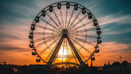 Silhouette of ferris wheel at sunset time in amusement parkの素材