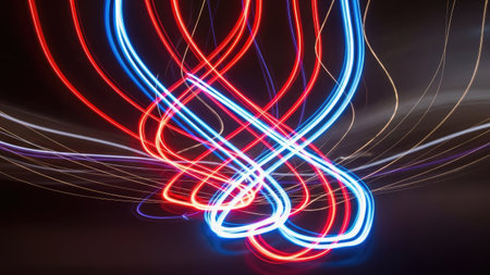 Neon light trails on black background. Computer generated abstract background.の素材