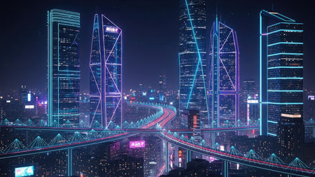 Modern city at night with double exposure of skyscrapers and roadsの素材