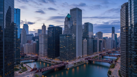Aerial view of Chicago downtown skyline at dusk, Illinois, USA.の素材