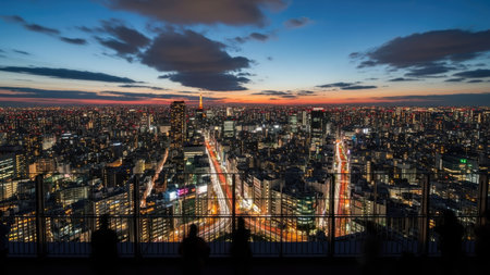 Aerial view of Tokyo skyline at sunset, Tokyo, Japan.の素材