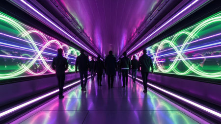Futuristic tunnel corridor with neon lights and silhouettes of peopleの素材