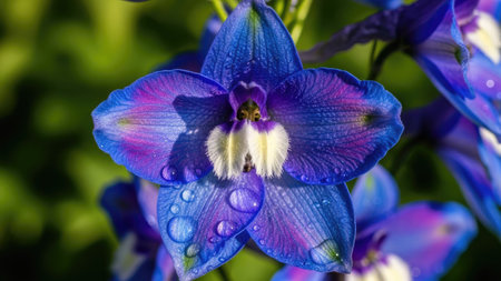 Blue delphinium flower close-up with water drops on petalsの素材