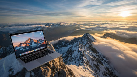 Laptop on a mountain peak against digitally generated image of clouds and skyの素材