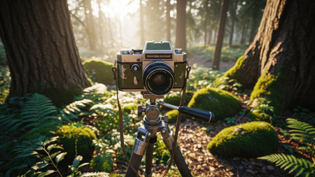 Camera on tripod in the forest at sunset time. Nature photography.の素材