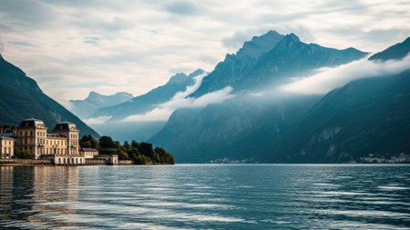 Lake Lucerne, Switzerland. Panoramic view of Lake Lucerne and the Alps.の素材