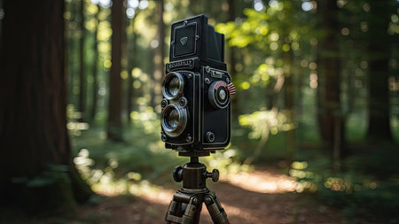 Vintage camera on tripod in the forest. Filtered image processed vintage effect.の素材