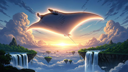 Manta ray flying in the sky - 3d render illustration.の素材