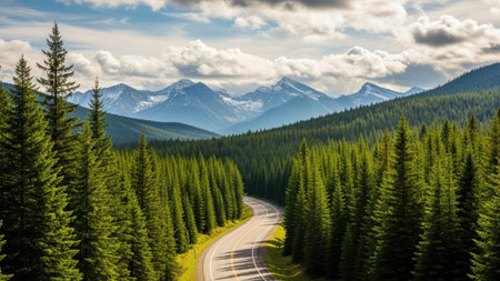 Mountain road in the coniferous forest. View from aboveの素材