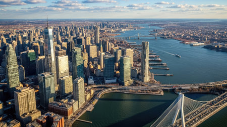 Aerial view of Manhattan and Brooklyn Bridge in New York City.の素材