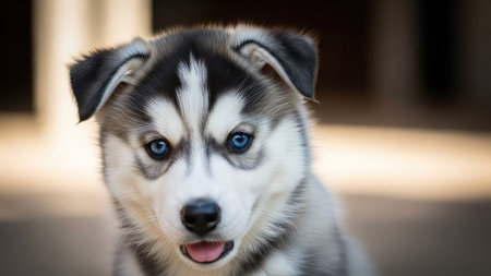 Cute siberian husky puppy with blue eyes close upの素材