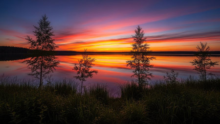 Beautiful sunset over the lake with trees in the foreground, Finlandの素材