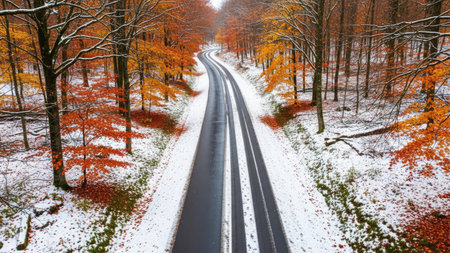 Road in the autumn forest with snow and colorful leaves. Beautiful winter landscapeの素材