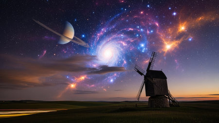 Landscape with windmill and milky way. 3d renderingの素材
