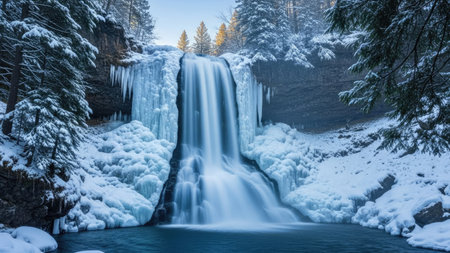 Beautiful winter waterfall in the forest. Winter landscape with a waterfall.の素材