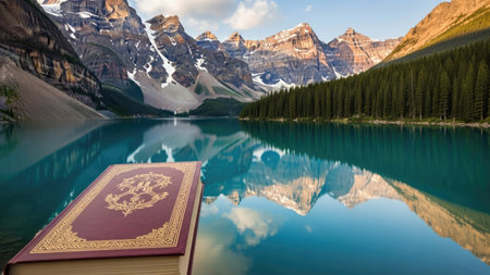 Quran - holy book of Muslims, reflected in Moraine Lake, Banff National Park, Alberta, Canadaの素材