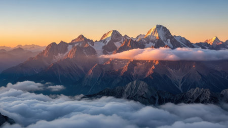 Panoramic view of Himalaya mountains at sunset, Nepal.の素材
