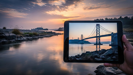 Man taking a picture of San Francisco Bay Bridge at sunset, Californiaの素材