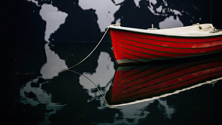 Fishing boat on the water with world map in the background.の素材