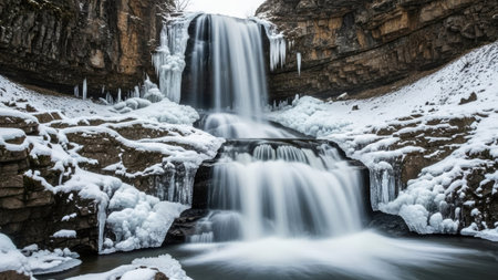 Waterfall in winter with snow and ice. Beautiful winter landscape.の素材