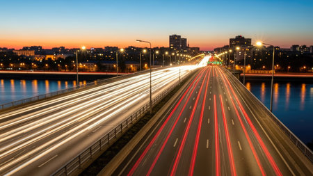 Night traffic on the bridge in Moscow, Russia. Long exposure photo.の素材