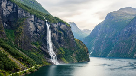 Tourism vacation and travel. Mountains landscape and fjord in Norway Scandinavia.の素材