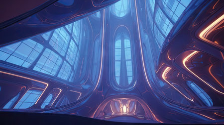 Futuristic spaceship interior with glowing lights 3d rendering illustration.の素材