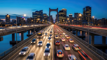 traffic on the bridge in shanghai, china.の素材