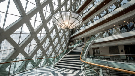 Modern interior of a skyscraper with a glass ceiling, stairs and stairsの素材
