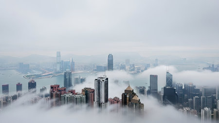 Panorama of Hong Kong city with foggy sky and skyscrapersの素材