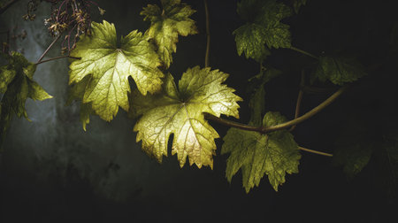 Vine leaves on a dark background, vintage style, selective focusの素材