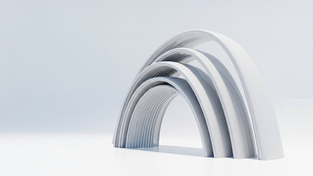3d rendering of an arch made of curved sheets of white paperの素材