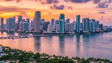 Aerial view of Miami downtown skyline at sunset, Florida, USAの素材