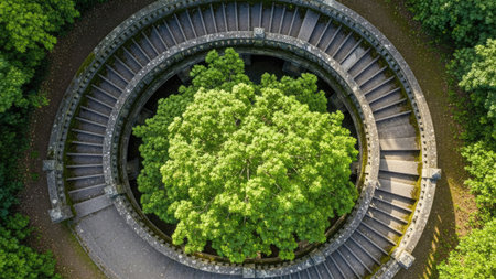 Aerial view of a green tree in a round stairway.の素材