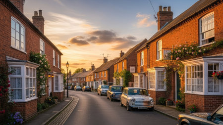 Street view of a row of old English Houses at sunset.の素材