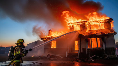 Firefighter extinguishing a fire in a house on a background of smokeの素材