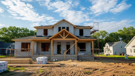 Construction of a new home with blue sky and clouds in the backgroundの素材