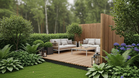 3d rendering of a modern terrace with garden furniture in the backgroundの素材